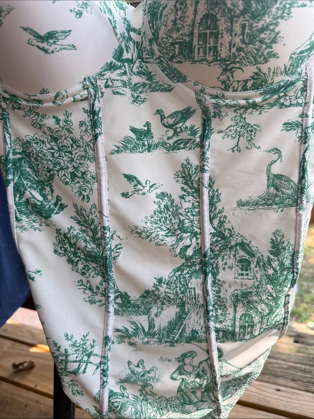 Toile de Jouy Women’s XL Swimsuit off white and green padded cups